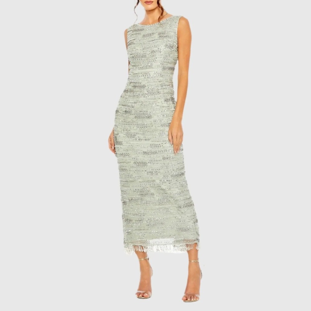 $698 Mac Duggal Size 6 Light Green Sage High Neck Beaded Long Midi Gown Dress